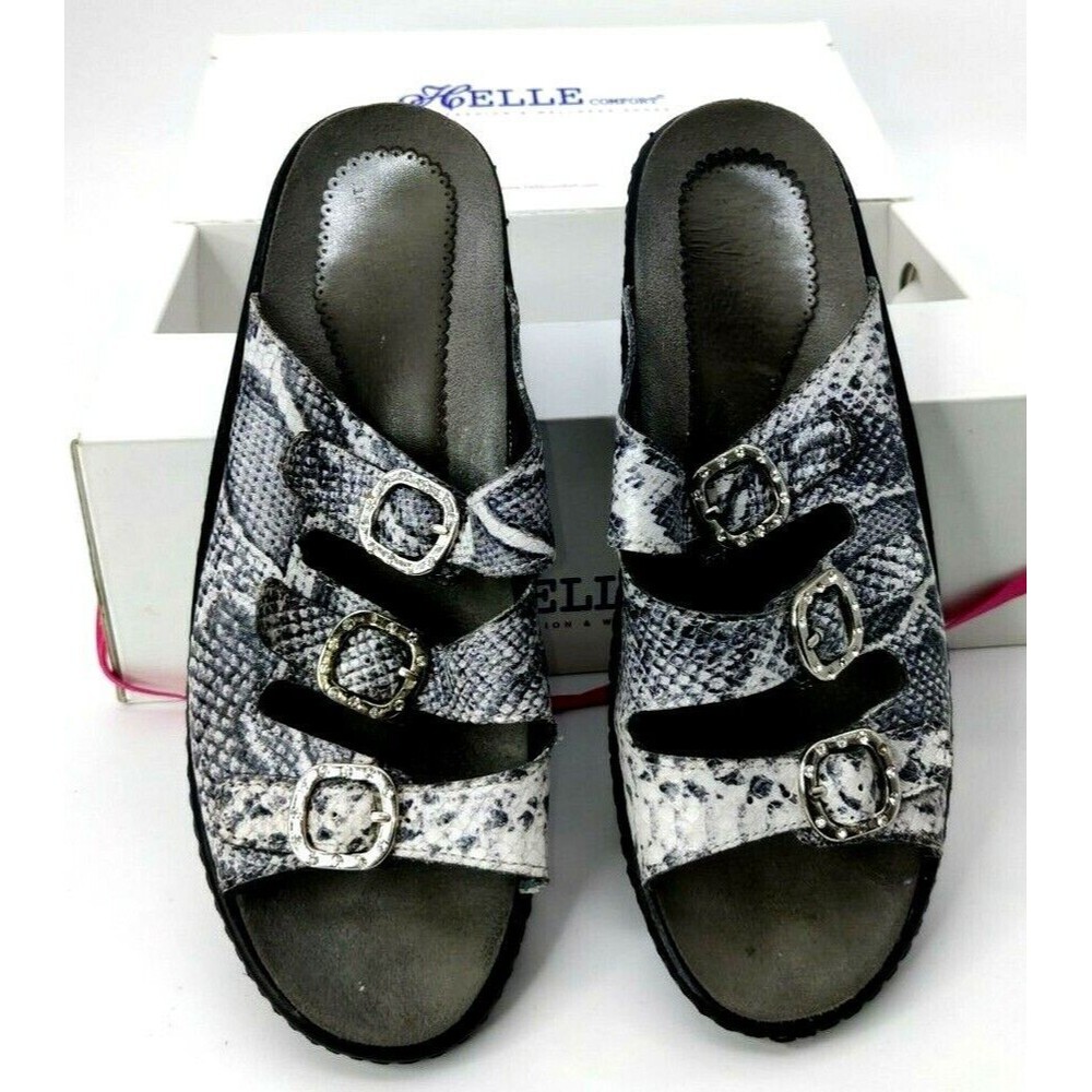 Preowned Helle Comfort Sandal Heel Soft Leather Snakeskin Print Buckles Sz 39 8
